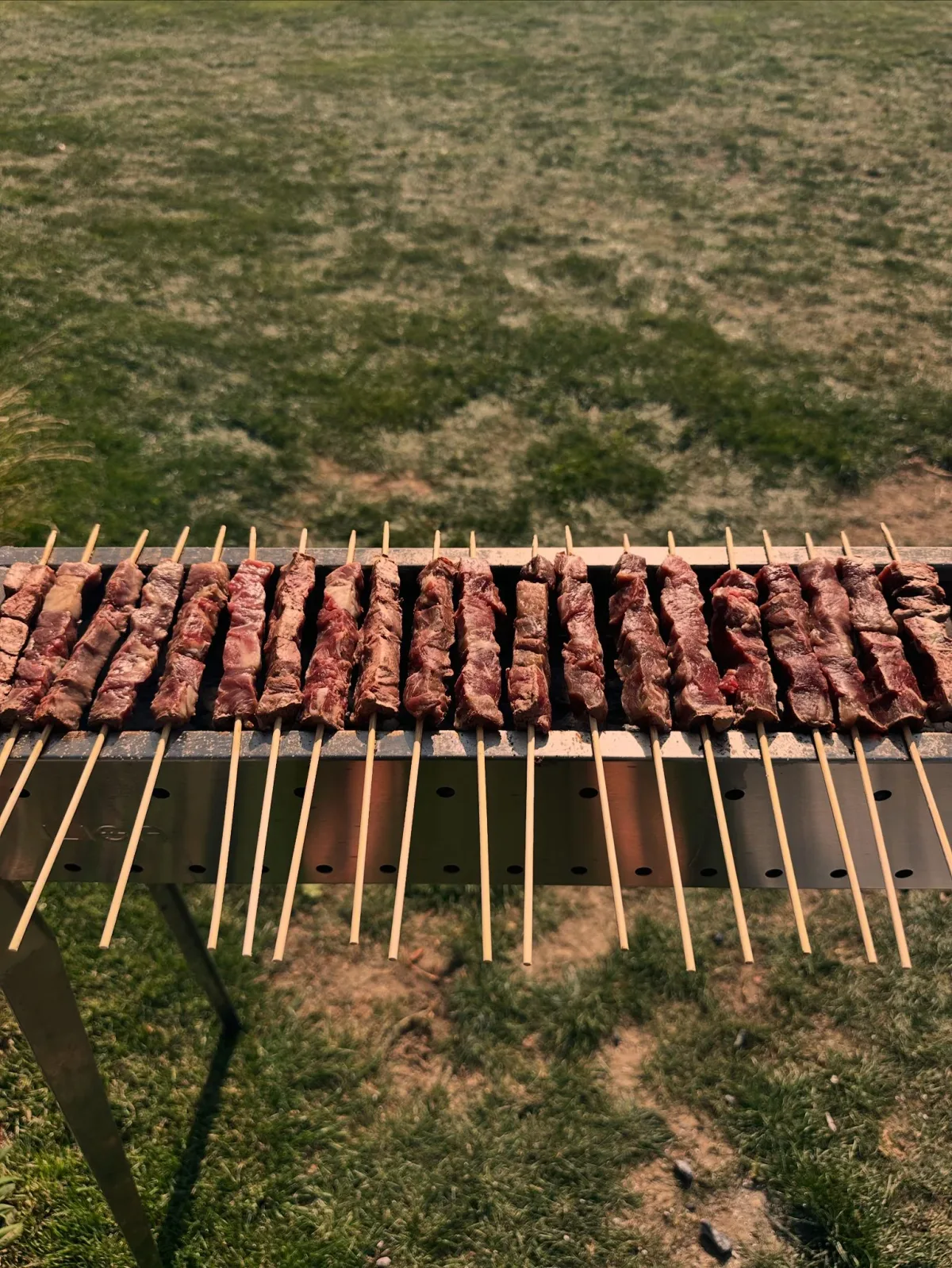 Rijen Black Angus arrosticini naast elkaar op de grill